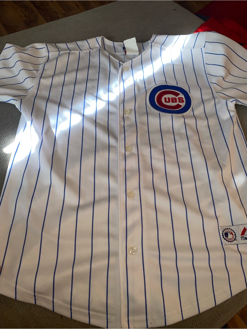 Majestic White Button-Front Pinstripe Chicago cubs baseball jersey.